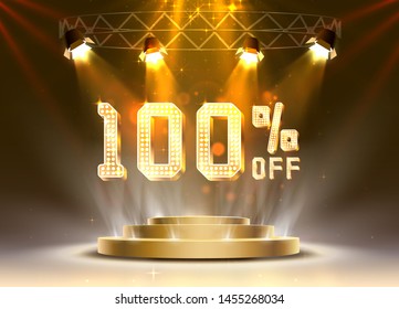 Scene golden 100 sale off text banner. Night Sign. Vector illustration