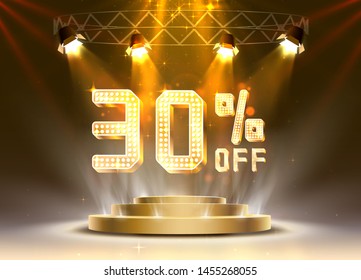 Scene golden 30 sale off text banner. Night Sign. Vector illustration