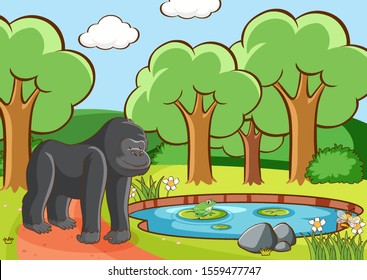 Scene with gorilla in forest illustration