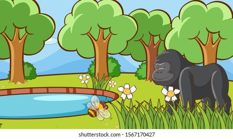 Escena con gorila en ilustración forestal