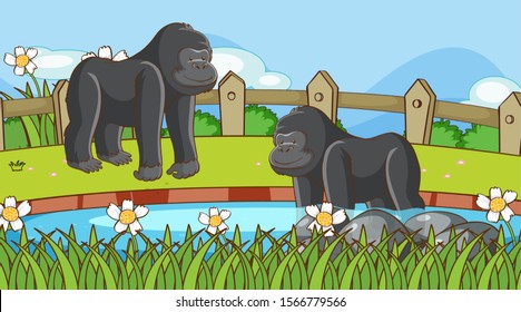 Scene with gorilla in the park illustration