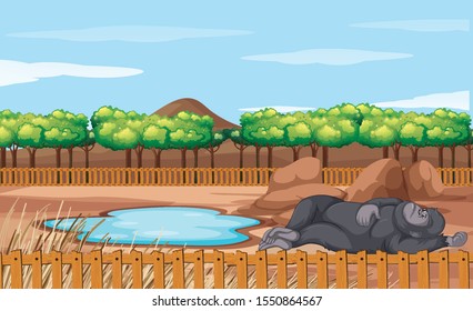 Scene with gorilla sleeping on the ground illustration