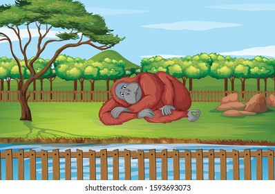 Scene With Gorilla In The Zoo Illustration