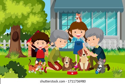 Scene with grandparents and children in the yard illustration