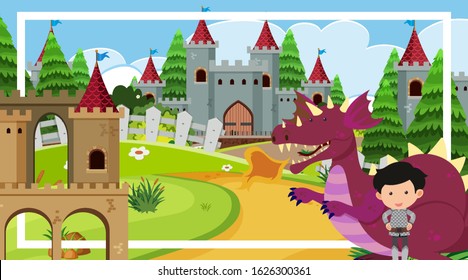 Scene with great knight and dragon at the castle towers illustration