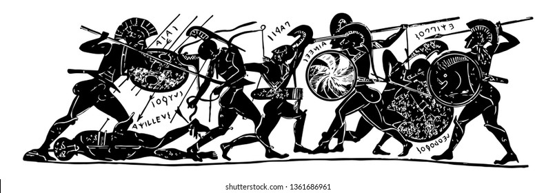 A scene of Greek soldiers in a battle, vintage line drawing or engraving illustration.