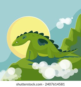 The scene with the green dragon Vector illustration