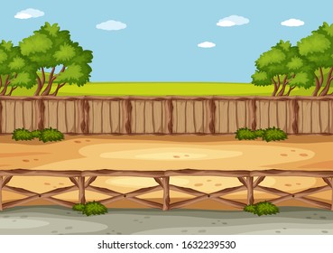 Scene with green field and fence along the road illustration