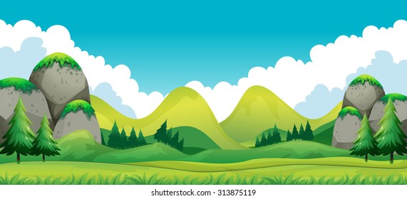 Scene of green field with mountains background illustration