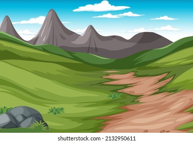 Scene with green field and mountains illustration