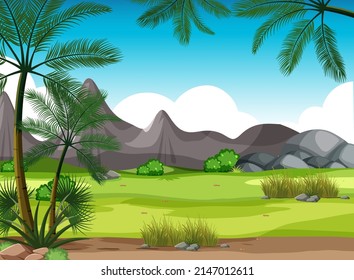 Scene with green grass and mountains illustration