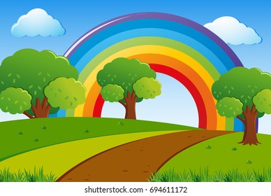 Scene with green lawn and rainbow in sky illustration