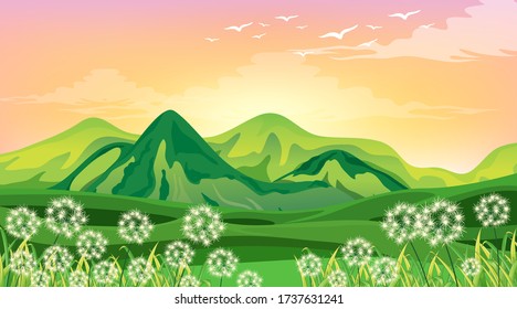 Cena com montanhas verdes e campo na ilustração do pôr do sol