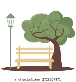 cena com árvore verde, luz de rua e banco vazio
