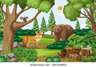 Scene with grizzly bear and fox in the forest at daytime illustration