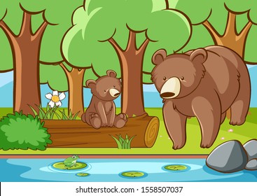 Scene with grizzly bears in forest illustration