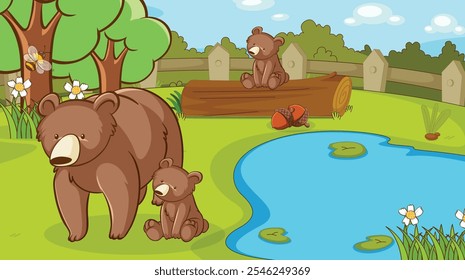 Scene with grizzly bears in forest vector image
