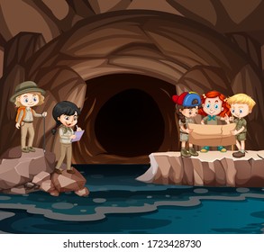 Scene with group of scouts exploring the cave illustration