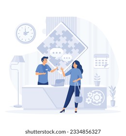 Scene with guests at hotel lobby, travellers standing at reception desk and talking to receptionist. flat vector modern illustration