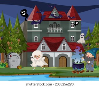 Scene with halloween haunted mansion at night illustration