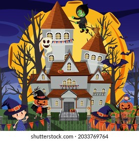 Scene with halloween haunted mansion at night illustration