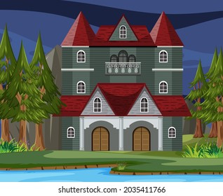 Scene with halloween haunted mansion at night illustration