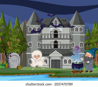 Scene with halloween haunted mansion at night illustration