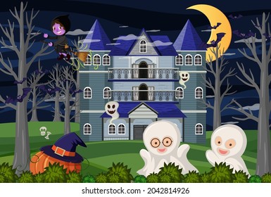 Scene with halloween haunted mansion at night illustration