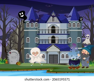 Scene with halloween haunted mansion at night illustration