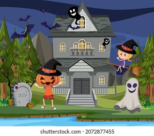 Scene with halloween haunted mansion at night illustration