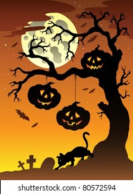Scene with Halloween tree 2 - vector illustration.