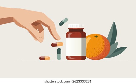 The scene with the hand reaching for the vitamins and orange. Pills. Flat wellness illustration