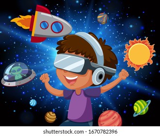 Scene with happy boy and spaceship flying in the galaxy  illustration