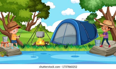 Scene with happy boys fishing by the river illustration