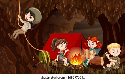 Scene with happy children camping in the cave at night  illustration