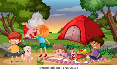 Scene with happy children camping and having picnic in the park illustration