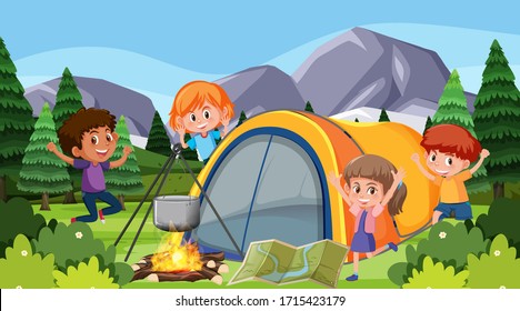 Scene with happy children camping in the park illustration