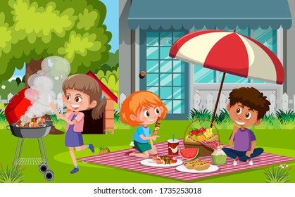 Scene with happy children eating food in the park illustration