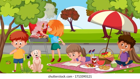 Scene with happy children eating in the park illustration