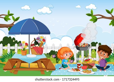 Scene with happy children eating in the park illustration