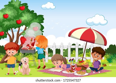 Scene with happy children eating in the park illustration