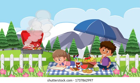 Scene with happy children eating in the park illustration