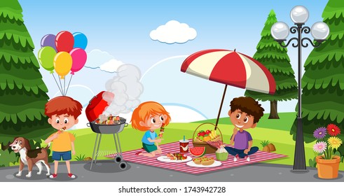 Scene with happy children eating in the park illustration