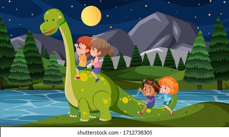 Scene with happy children riding dinosaur in the park at night illustration