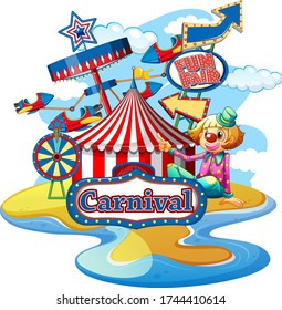 Scene with happy clown at carnival on white background illustration