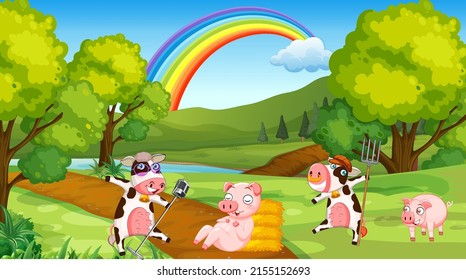 Scene with happy cows in the field illustration