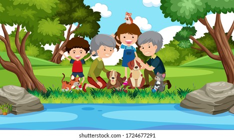 Scene with happy family in the green park illustration