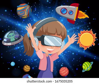 Scene with happy girl and spaceship flying in the galaxy  illustration