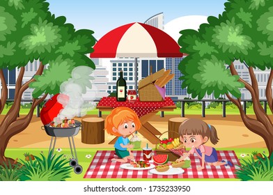 Scene with happy girls eating in the park illustration