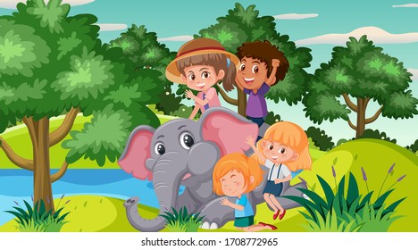 Scene with happy kids and animals in the park illustration